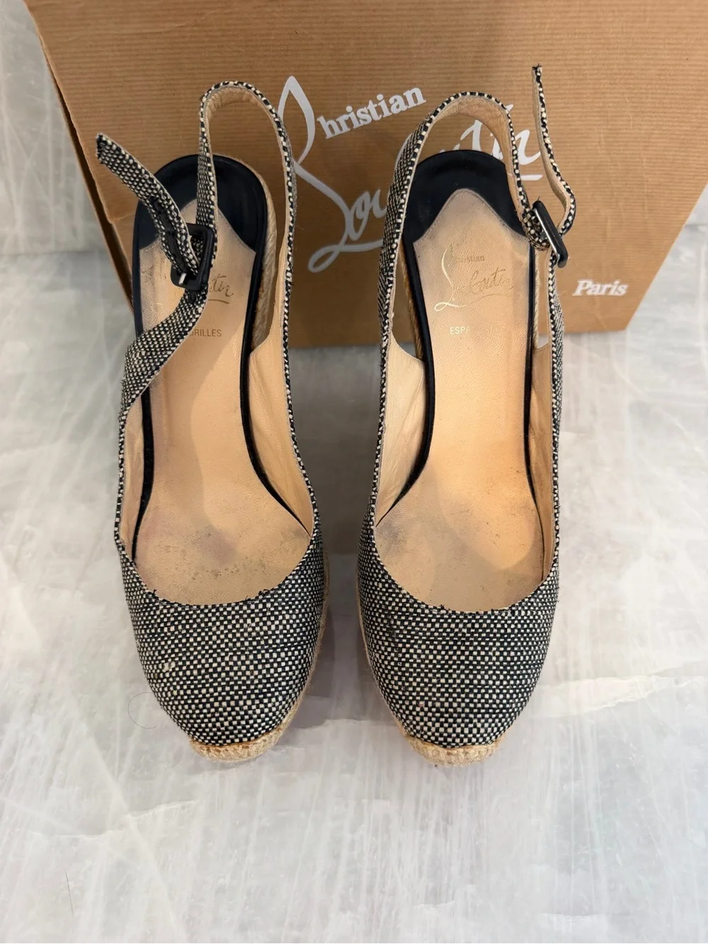 Christian Louboutin Black and Natural Espadrille Wedge Slingback